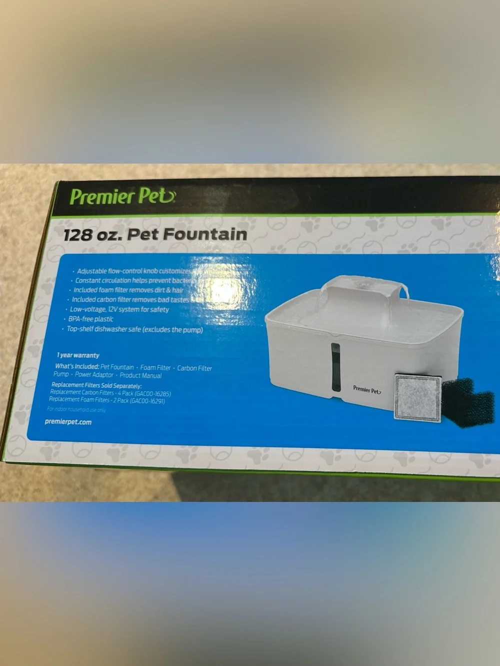 Premier Pet 128 oz. Grey Pet Fountain w/ extra filters- like new in box